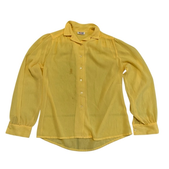 Mister Leonard Tops - Vintage 70s/80s Mister Leonard Yellow Stripe Puffy Sleeve Button-Up Blouse S/M